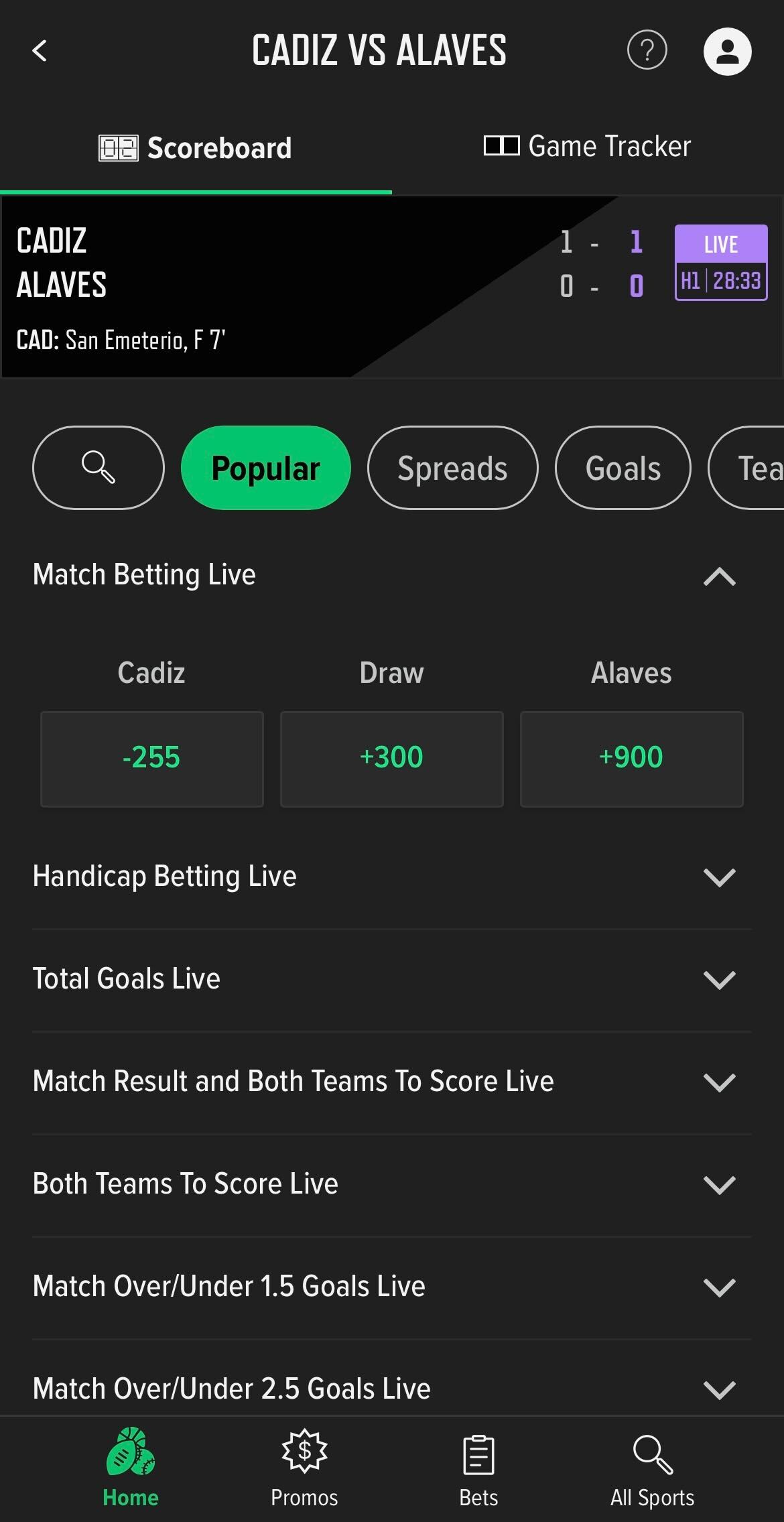 Screenshot of a live Spanish soccer match. The Caesars Sportsbook app offers live betting on all major sports. 