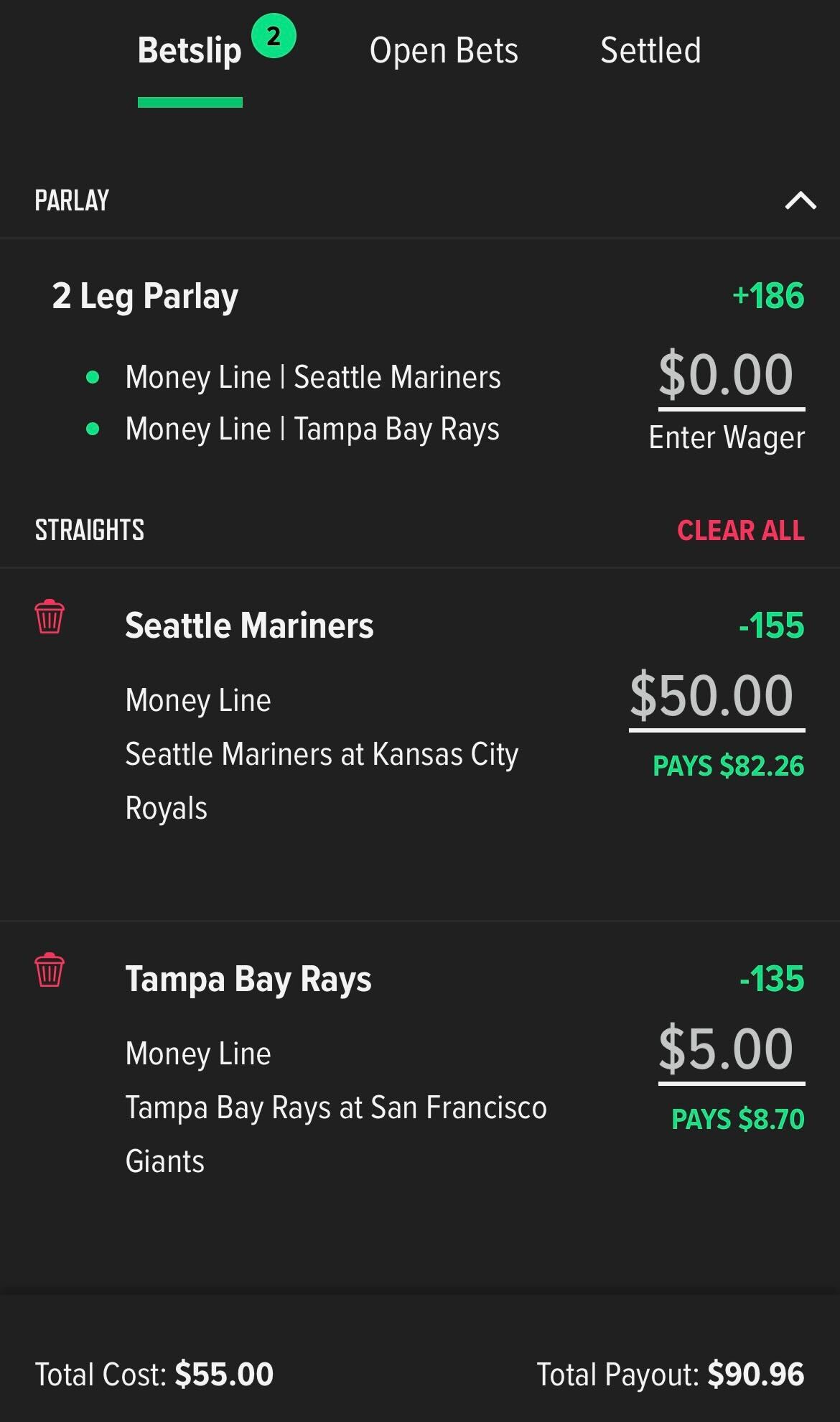 Straight bets can easily be combined into a parlay using the Caesars Sportsbook app. 